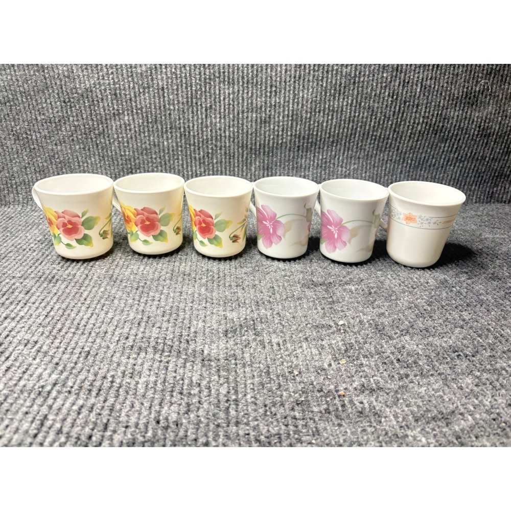 Vintage Corning Floral Mug Set of 6 English Breakfast Pink Lily Peach Blossom